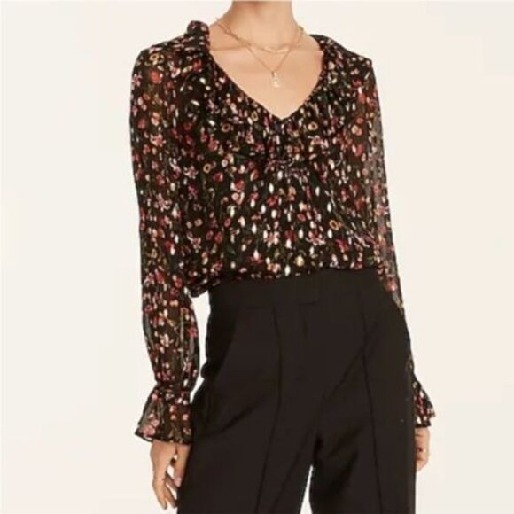 J CREW Womens Small Ruffle Neck Blouse Midnight Vintage Floral Dark Metallic Top - Picture 1 of 14